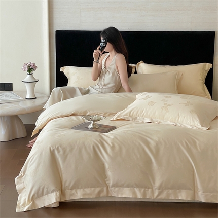 91家纺网 家纺一手货源 找家纺 凡客家居 2025新款100支（5050双股）长绒棉全棉提花四件套 花间集-浅香槟