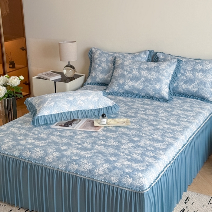 91家纺网 家纺一手货源 找家纺 九花鹿 2025新款PE双面提花床裙冰丝席-莫奈玫瑰 莫奈玫瑰-天空蓝