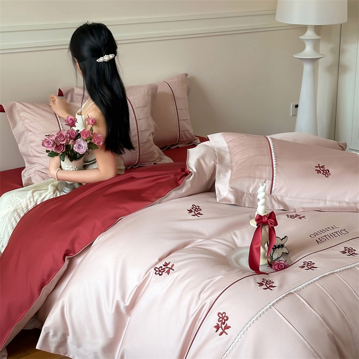 91家纺网 家纺一手货源 找家纺 （总）宏羽纺家纺 2025新款100s全棉纯棉贡缎法式刺绣花边四件套