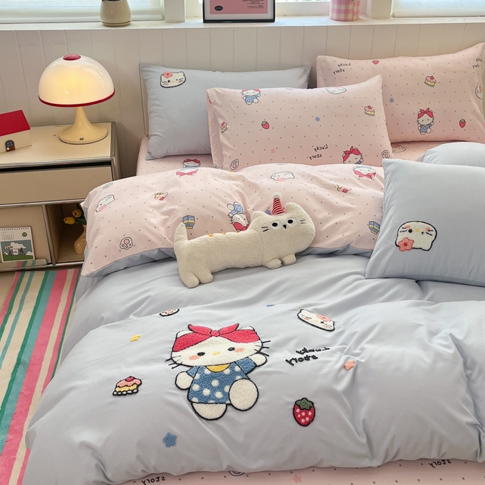 91家纺网 家纺一手货源 找家纺 如一 2025新款A类卡通印加毛巾绣水洗云朵棉四件套（提供买家秀） 淘气猫