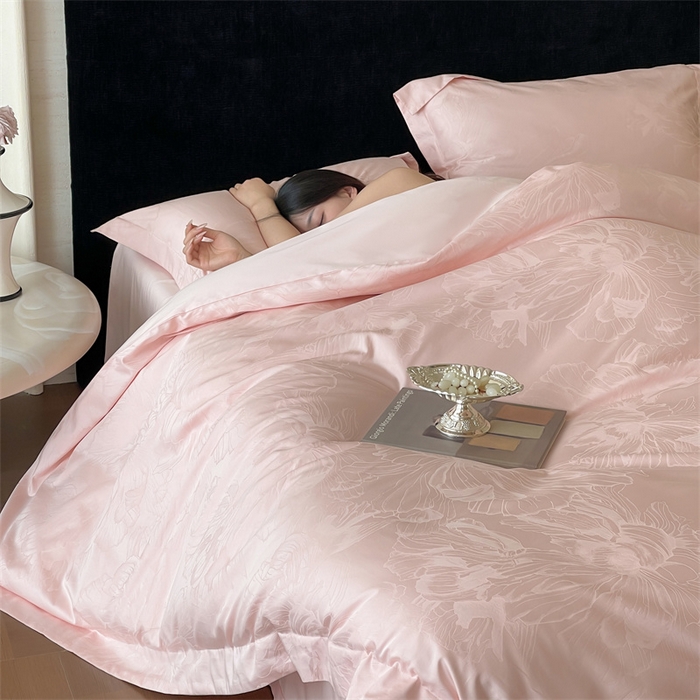 91家纺网 家纺一手货源 找家纺 凡客家居 2025新款100支（5050双股）长绒棉全棉提花四件套 奥罗拉-仙桃粉