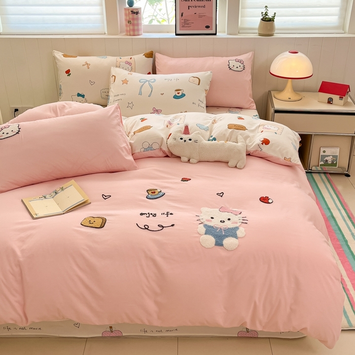 91家纺网 家纺一手货源 找家纺 如一 2025新款A类卡通印加毛巾绣水洗云朵棉四件套（提供买家秀） 乖巧猫