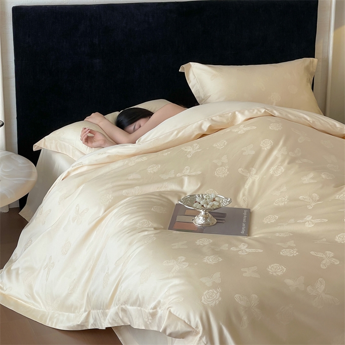 91家纺网 家纺一手货源 找家纺 凡客家居 2025新款100支（5050双股）长绒棉全棉提花四件套 花间集-浅香槟