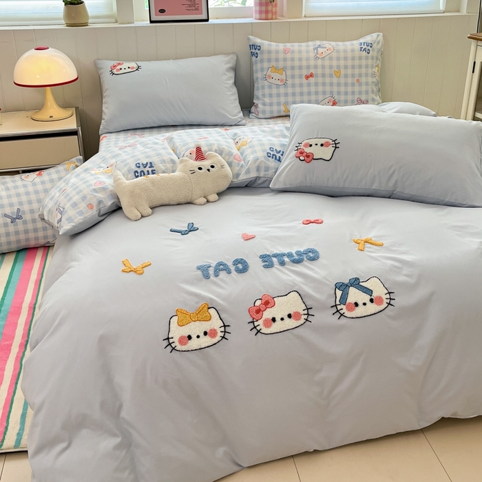 91家纺网 家纺一手货源 找家纺 如一 2025新款A类卡通印加毛巾绣水洗云朵棉四件套（提供买家秀） 蓝格猫