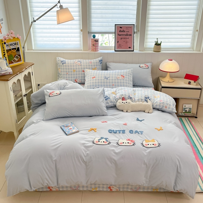 91家纺网 家纺一手货源 找家纺 如一 2025新款A类卡通印加毛巾绣水洗云朵棉四件套（提供买家秀） 蓝格猫