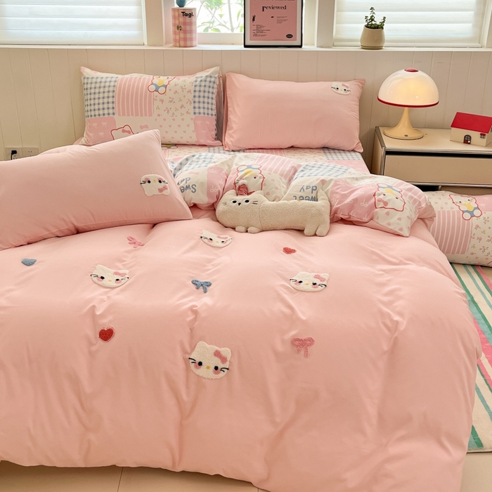 91家纺网 家纺一手货源 找家纺 如一 2025新款A类卡通印加毛巾绣水洗云朵棉四件套（提供买家秀） 好多猫