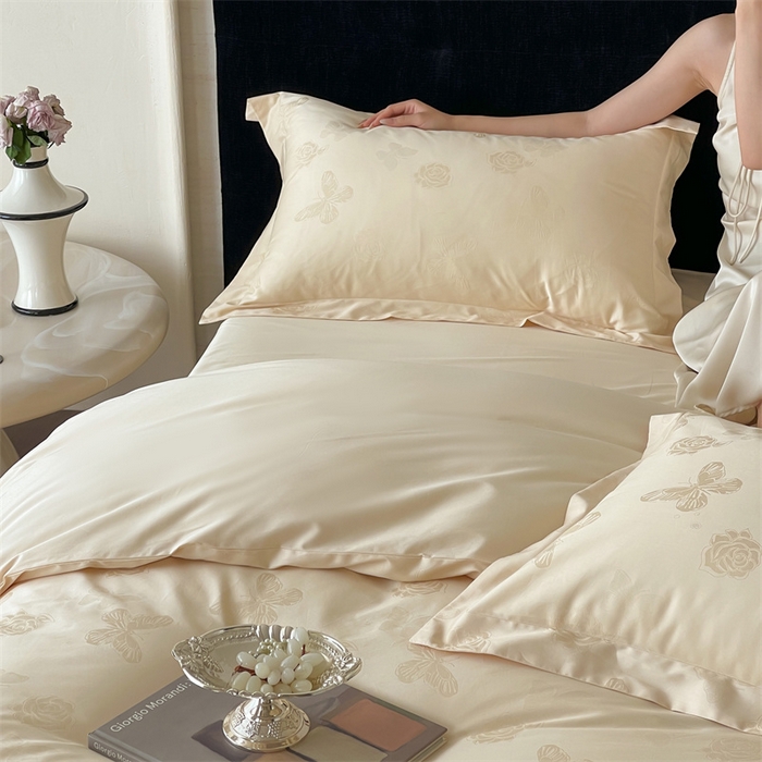 91家纺网 家纺一手货源 找家纺 凡客家居 2025新款100支（5050双股）长绒棉全棉提花四件套 花间集-浅香槟