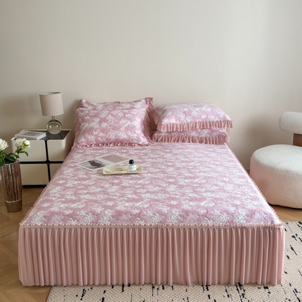 （总）九花鹿 2025新款PE双面提花床裙冰丝席-莫奈玫瑰