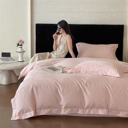 91家纺网 家纺一手货源 找家纺 凡客家居 2025新款100支（5050双股）长绒棉全棉提花四件套 奥罗拉-仙桃粉