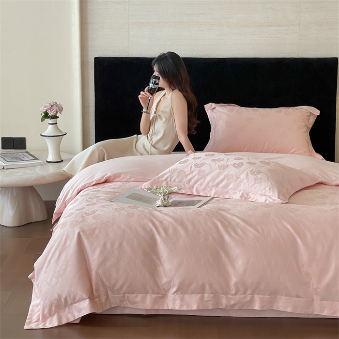 91家纺网 家纺一手货源 找家纺 凡客家居 2025新款100支（5050双股）长绒棉全棉提花四件套 郁金香-仙桃粉