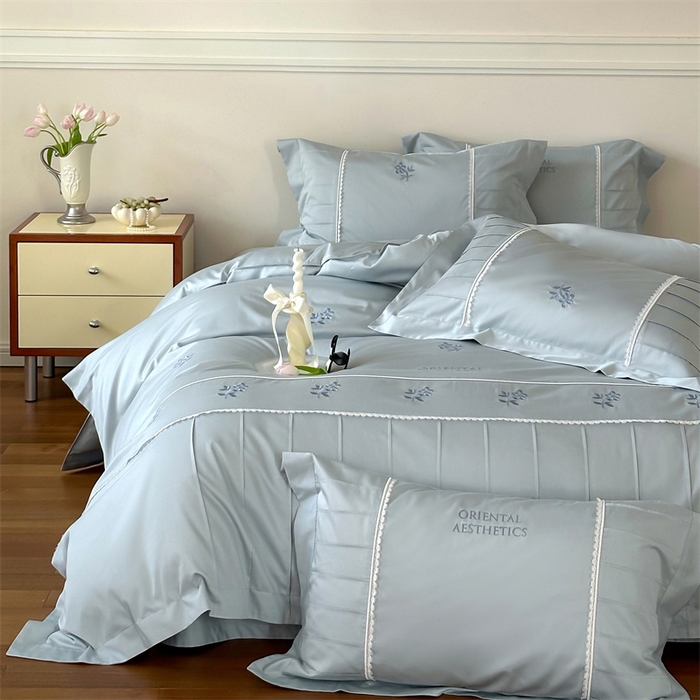 91家纺网 家纺一手货源 找家纺 宏羽纺家纺 2025新款100s全棉纯棉贡缎司马棉法式刺绣花边四件套 觅春-午后清晨