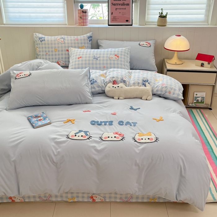 91家纺网 家纺一手货源 找家纺 如一 2025新款A类卡通印加毛巾绣水洗云朵棉四件套（提供买家秀） 蓝格猫