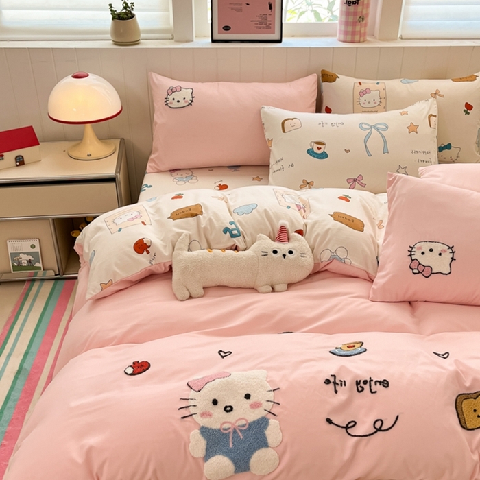 91家纺网 家纺一手货源 找家纺 如一 2025新款A类卡通印加毛巾绣水洗云朵棉四件套（提供买家秀） 乖巧猫