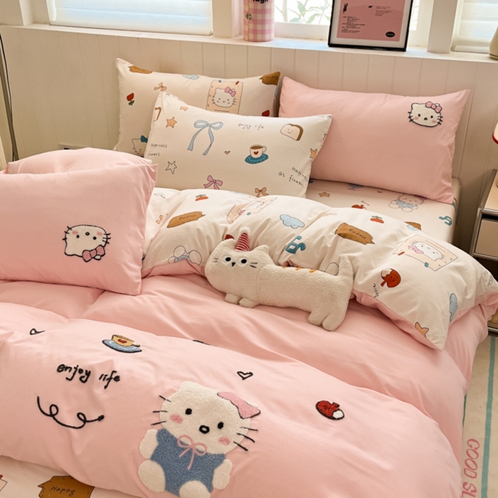 91家纺网 家纺一手货源 找家纺 如一 2025新款A类卡通印加毛巾绣水洗云朵棉四件套（提供买家秀） 乖巧猫