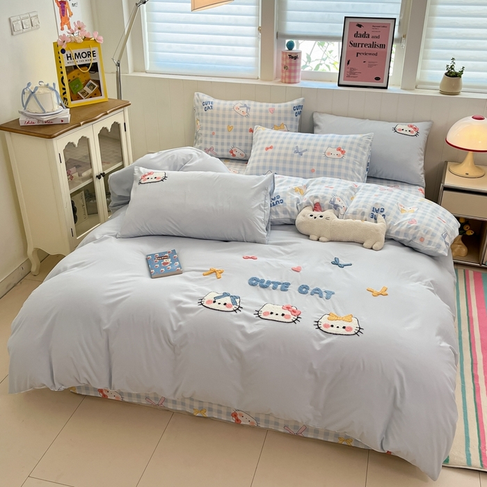 91家纺网 家纺一手货源 找家纺 如一 2025新款A类卡通印加毛巾绣水洗云朵棉四件套（提供买家秀） 蓝格猫