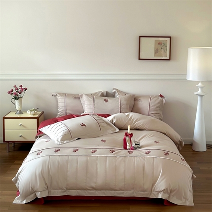 宏羽纺家纺 2025新款100s全棉纯棉贡缎司马棉法式刺绣花边四件套 觅春-云朵吐司