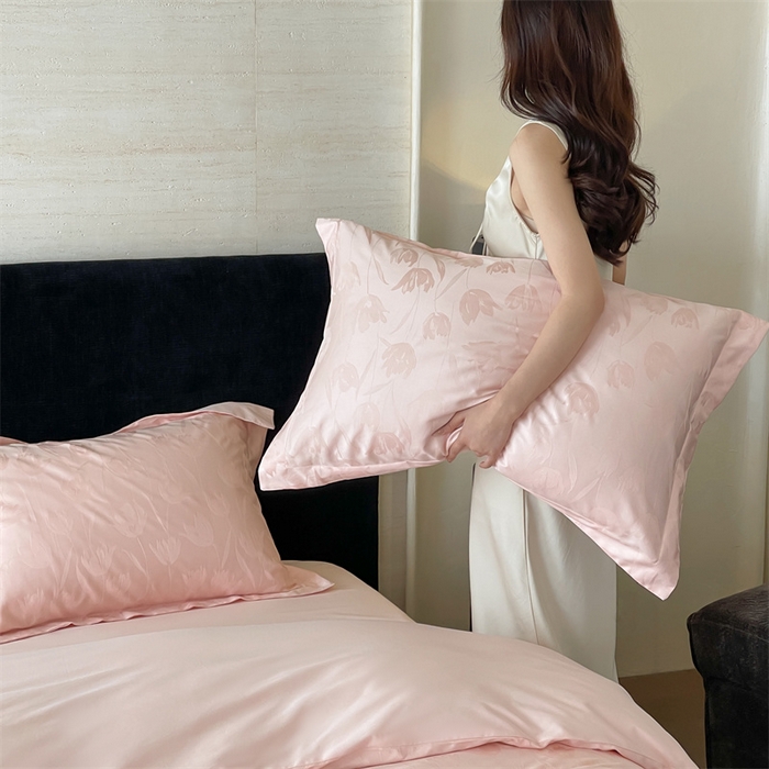 91家纺网 家纺一手货源 找家纺 凡客家居 2025新款100支（5050双股）长绒棉全棉提花四件套 郁金香-仙桃粉