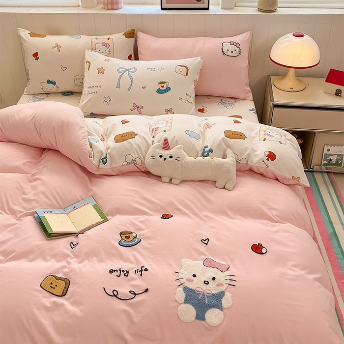 91家纺网 家纺一手货源 找家纺 如一 2025新款A类卡通印加毛巾绣水洗云朵棉四件套（提供买家秀） 乖巧猫