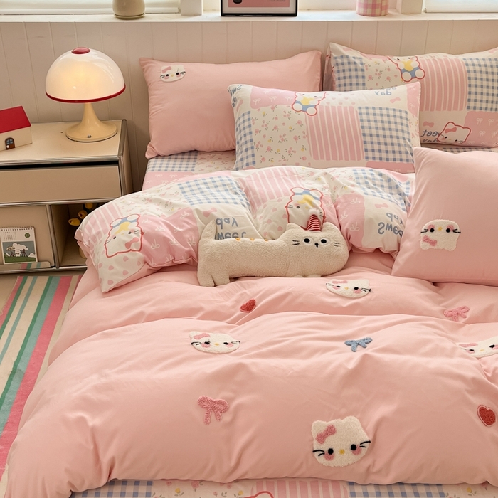 91家纺网 家纺一手货源 找家纺 如一 2025新款A类卡通印加毛巾绣水洗云朵棉四件套（提供买家秀） 好多猫