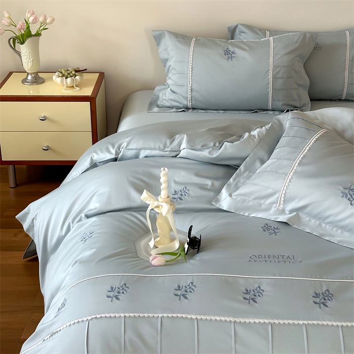 91家纺网 家纺一手货源 找家纺 宏羽纺家纺 2025新款100s全棉纯棉贡缎司马棉法式刺绣花边四件套 觅春-午后清晨