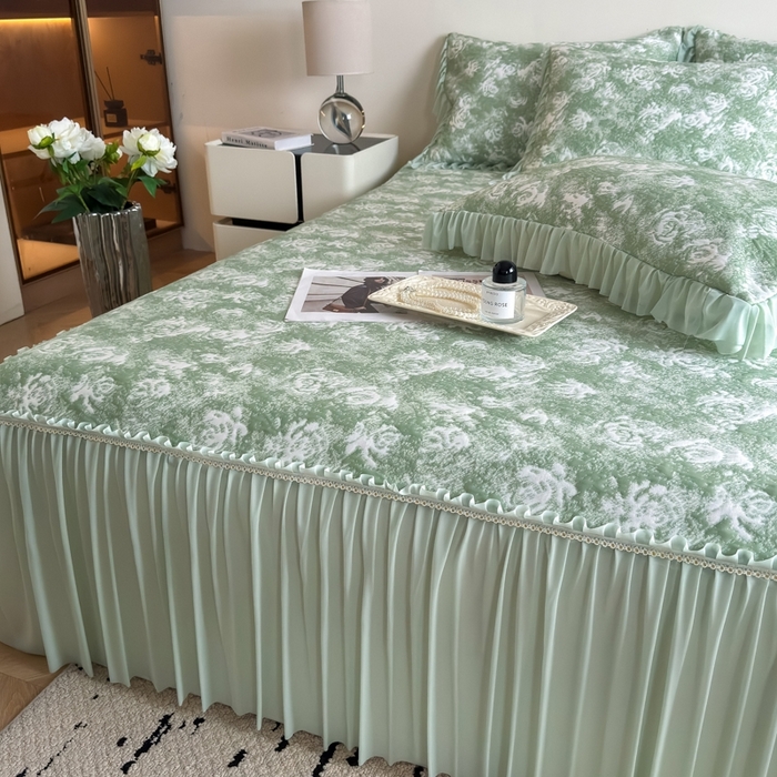 91家纺网 家纺一手货源 找家纺 九花鹿 2025新款PE双面提花床裙冰丝席-莫奈玫瑰 莫奈玫瑰-浅绿