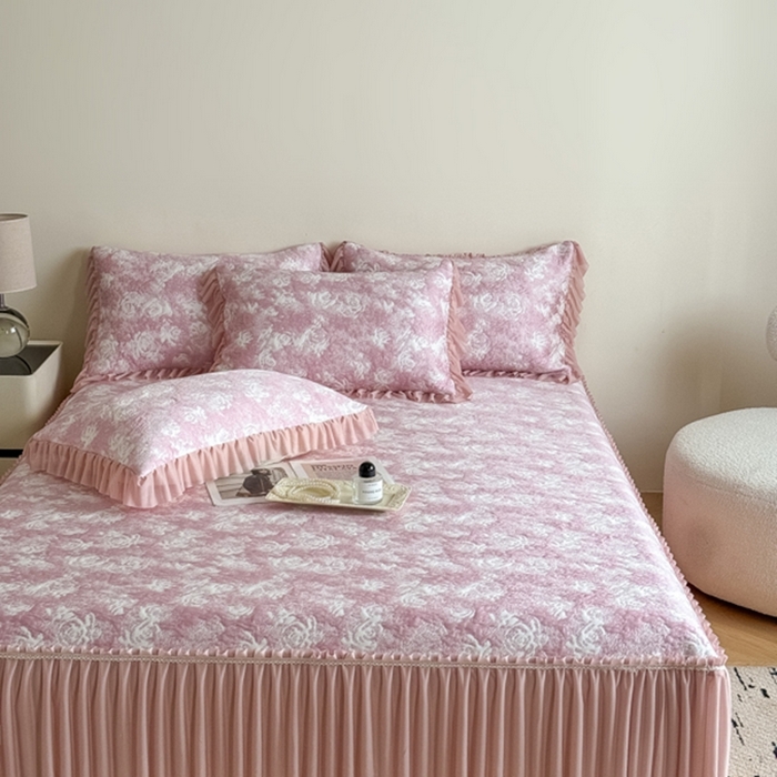 91家纺网 家纺一手货源 找家纺 九花鹿 2025新款PE双面提花床裙冰丝席-莫奈玫瑰 莫奈玫瑰-浅粉