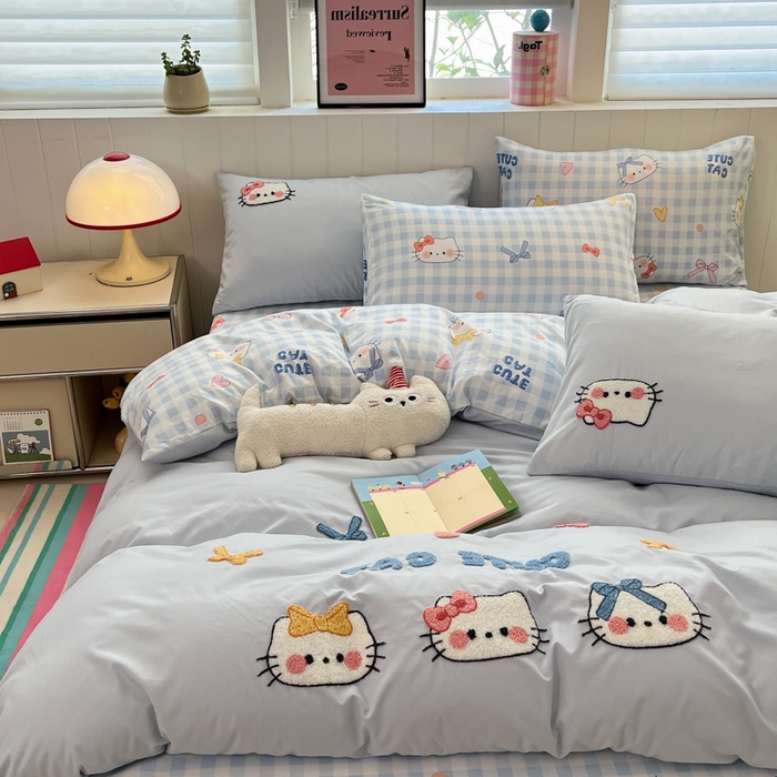 91家纺网 家纺一手货源 找家纺 如一 2025新款A类卡通印加毛巾绣水洗云朵棉四件套（提供买家秀） 蓝格猫