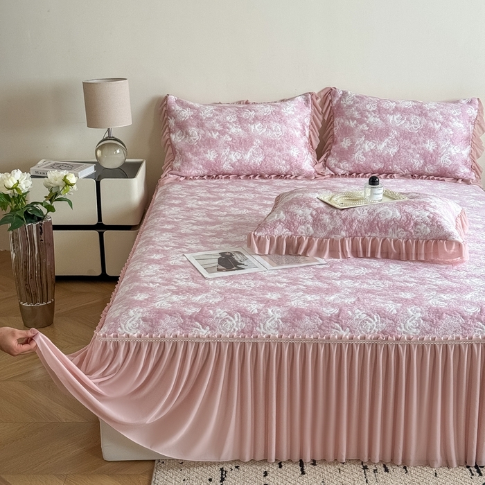 91家纺网 家纺一手货源 找家纺 九花鹿 2025新款PE双面提花床裙冰丝席-莫奈玫瑰 莫奈玫瑰-浅粉