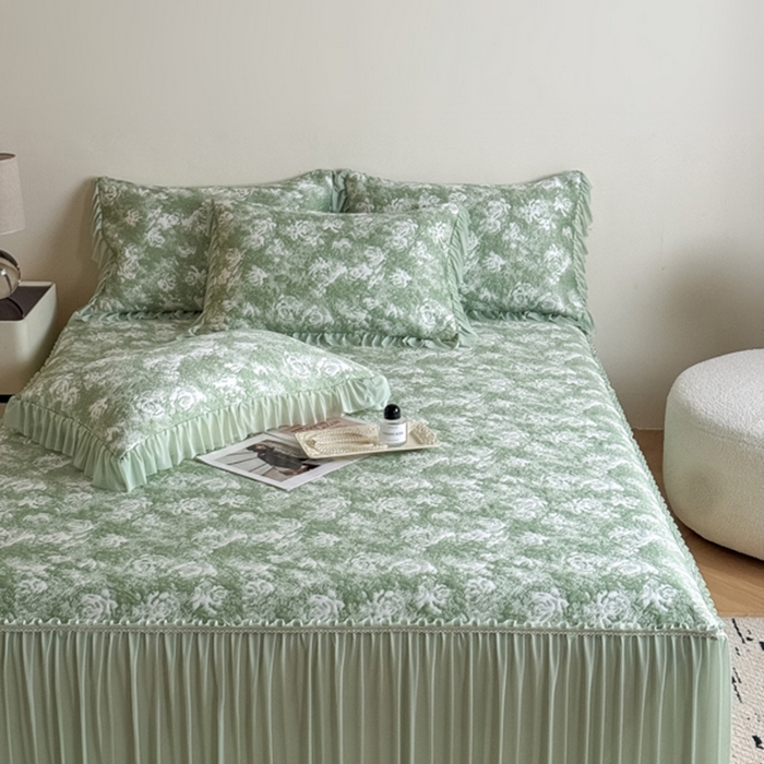 91家纺网 家纺一手货源 找家纺 九花鹿 2025新款PE双面提花床裙冰丝席-莫奈玫瑰 莫奈玫瑰-浅绿