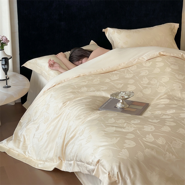 91家纺网 家纺一手货源 找家纺 凡客家居 2025新款100支（5050双股）长绒棉全棉提花四件套 郁金香-浅香槟