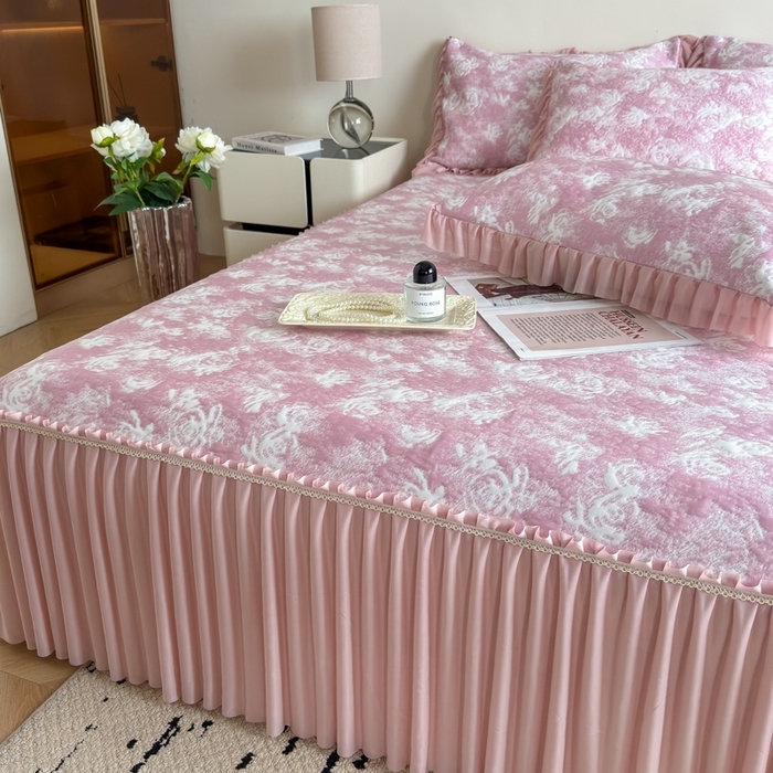 91家纺网 家纺一手货源 找家纺 九花鹿 2025新款PE双面提花床裙冰丝席-莫奈玫瑰 莫奈玫瑰-浅粉