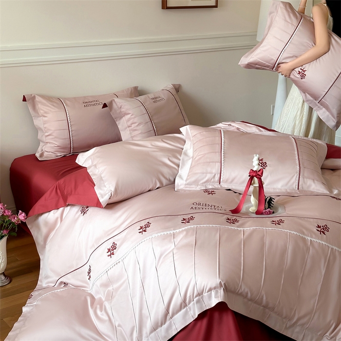 91家纺网 家纺一手货源 找家纺 宏羽纺家纺 2025新款100s全棉纯棉贡缎司马棉法式刺绣花边四件套 觅春-夹心粉