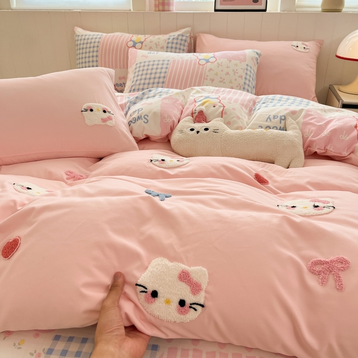 91家纺网 家纺一手货源 找家纺 如一 2025新款A类卡通印加毛巾绣水洗云朵棉四件套（提供买家秀） 好多猫