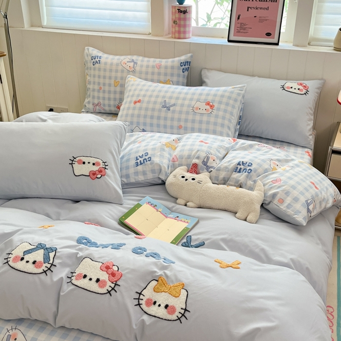 91家纺网 家纺一手货源 找家纺 如一 2025新款A类卡通印加毛巾绣水洗云朵棉四件套（提供买家秀） 蓝格猫