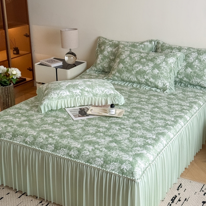 91家纺网 家纺一手货源 找家纺 九花鹿 2025新款PE双面提花床裙冰丝席-莫奈玫瑰 莫奈玫瑰-浅绿