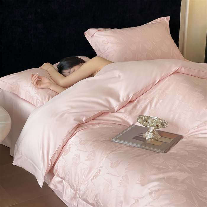 91家纺网 家纺一手货源 找家纺 凡客家居 2025新款100支（5050双股）长绒棉全棉提花四件套 郁金香-仙桃粉