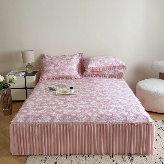 91家纺网 家纺一手货源 找家纺 九花鹿 2025新款PE双面提花床裙冰丝席-莫奈玫瑰 莫奈玫瑰-浅粉