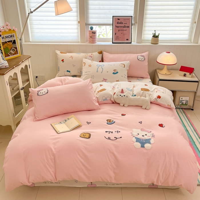 91家纺网 家纺一手货源 找家纺 如一 2025新款A类卡通印加毛巾绣水洗云朵棉四件套（提供买家秀） 乖巧猫