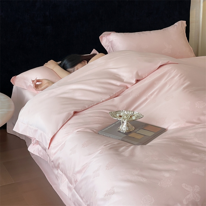 91家纺网 家纺一手货源 找家纺 凡客家居 2025新款100支（5050双股）长绒棉全棉提花四件套 花间集-仙桃粉