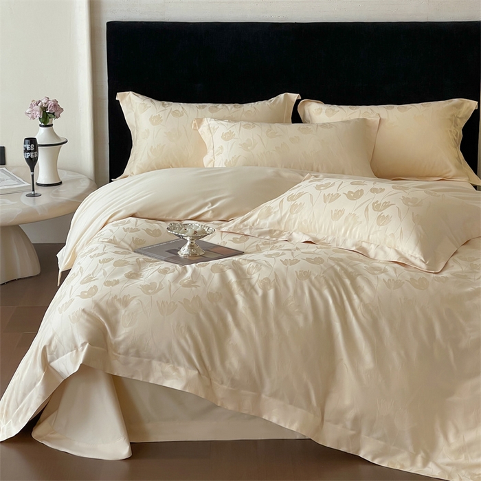 91家纺网 家纺一手货源 找家纺 凡客家居 2025新款100支（5050双股）长绒棉全棉提花四件套 郁金香-浅香槟