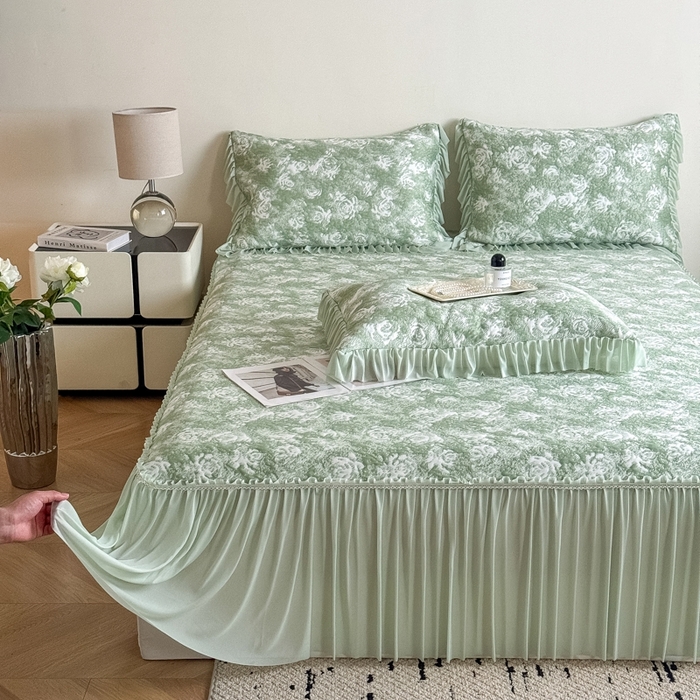 91家纺网 家纺一手货源 找家纺 九花鹿 2025新款PE双面提花床裙冰丝席-莫奈玫瑰 莫奈玫瑰-浅绿