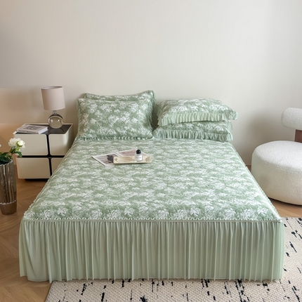 九花鹿 2025新款PE双面提花床裙冰丝席-莫奈玫瑰 莫奈玫瑰-浅绿