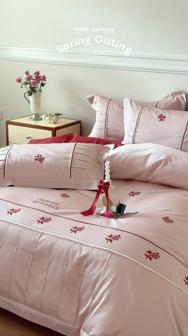 91家纺网 家纺一手货源 找家纺 （总）宏羽纺家纺 2025新款100s全棉纯棉贡缎法式刺绣花边四件套