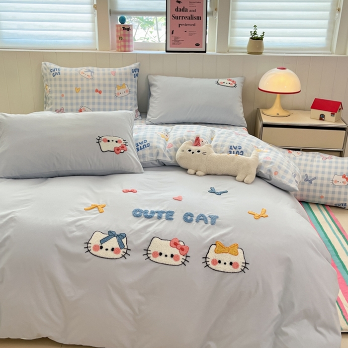 91家纺网 家纺一手货源 找家纺 如一 2025新款A类卡通印加毛巾绣水洗云朵棉四件套（提供买家秀） 蓝格猫