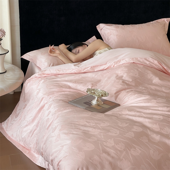 91家纺网 家纺一手货源 找家纺 凡客家居 2025新款100支（5050双股）长绒棉全棉提花四件套 郁金香-仙桃粉