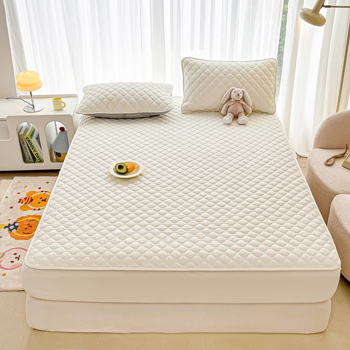 91家纺网 家纺一手货源 找家纺 欧邦 2025新款四季款纯色水洗棉夹棉床笠床垫保护罩 磨毛方格-白色