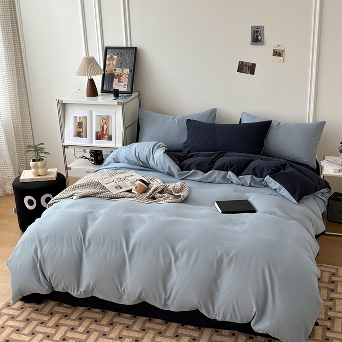 91家纺网 家纺一手货源 找家纺 百花王 2025新款纯色四件套 洛克浅蓝