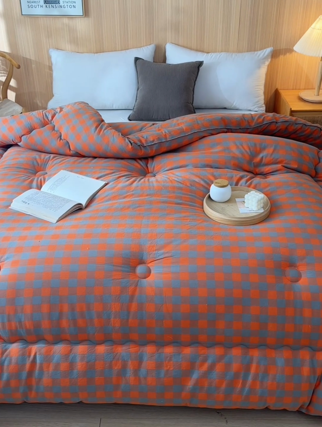 91家纺网 家纺一手货源 找家纺 易展2025新款无印水洗棉格子大豆冬被 浅格橙