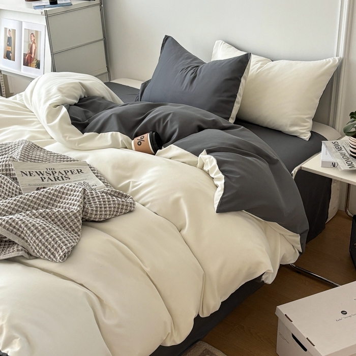 91家纺网 家纺一手货源 找家纺 百花王 2025新款纯色四件套 奶白灰