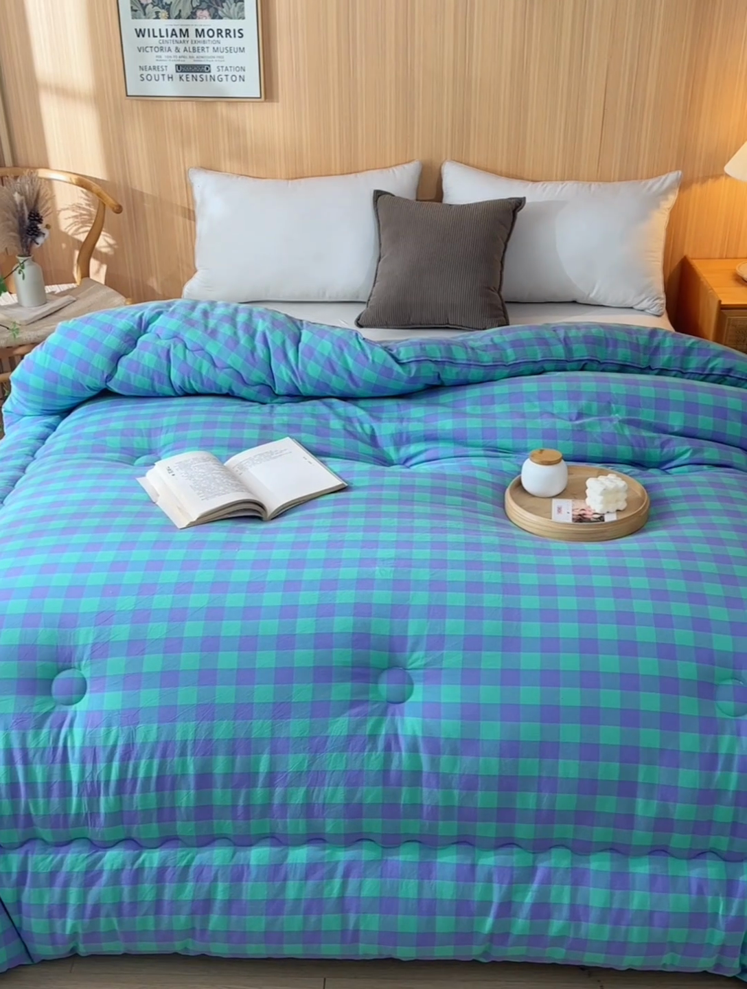 91家纺网 家纺一手货源 找家纺 易展2025新款无印水洗棉格子大豆冬被 湛靓蓝